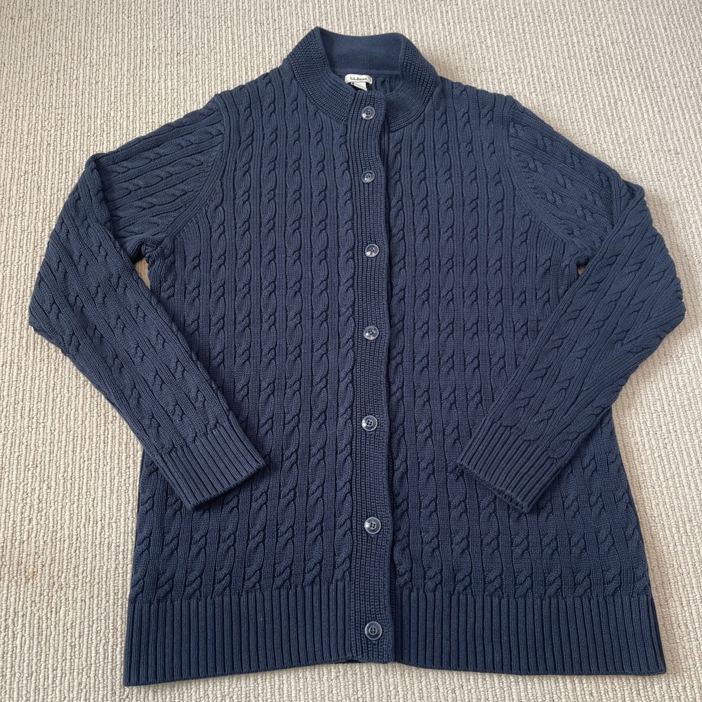 L.L. Bean Women's Large NavyCable-Knit Cardigan Sweater Button Front Mock Neck